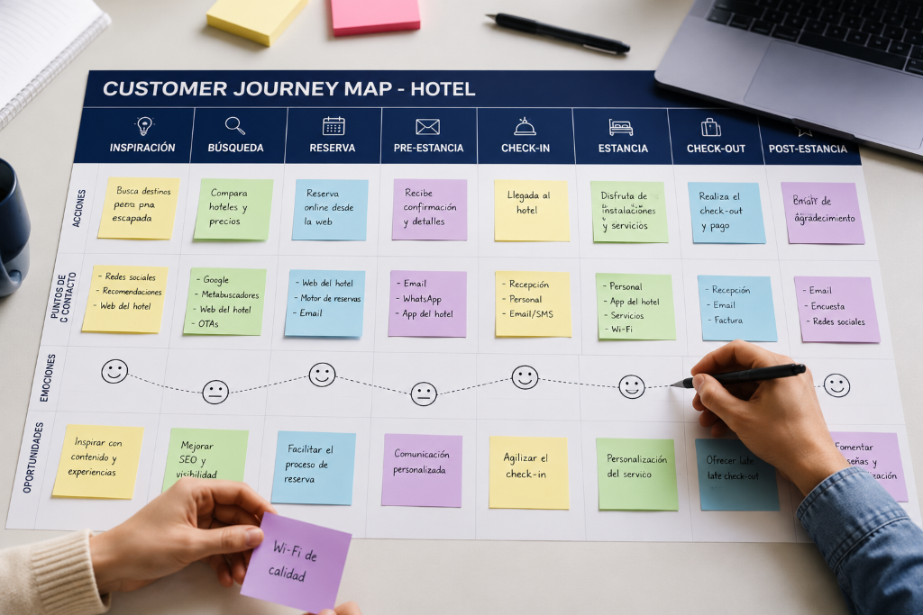 Equipo diseñando un Customer Journey Map para un hotel