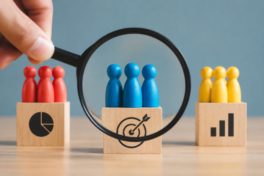 Peones de colores simulando la segmentación de clientes